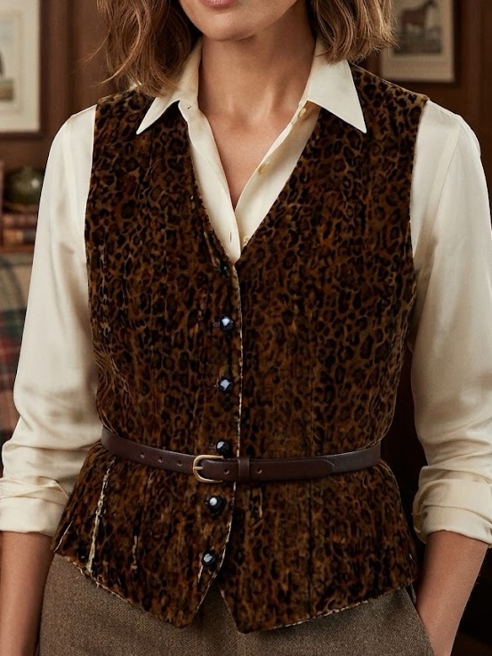 Lauren Ralph Lauren Silk Blend Leopard Velvet Vest Brown XL